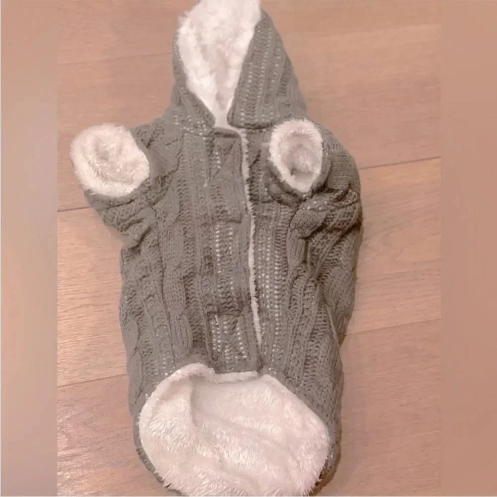 NWOT GREY W WHITE FUR LINED CABLE KNIT SWEATER WITH HOOD FOR DOG SIZE XS - Picture 7 of 9